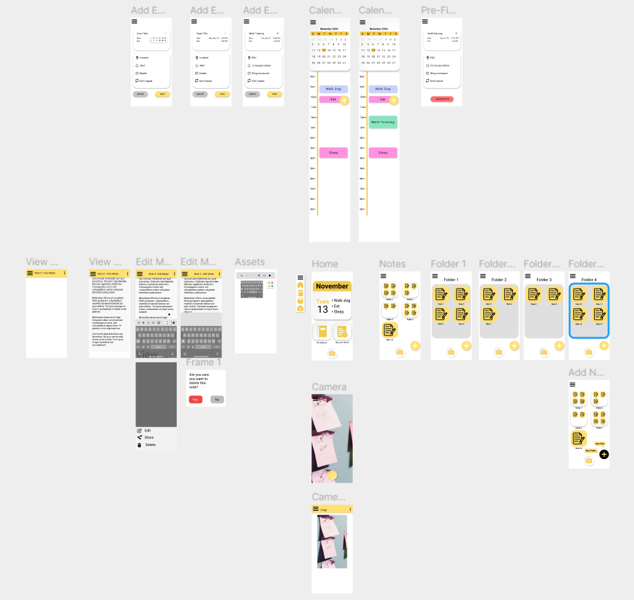 The finished WordBubbl build: add-event and calendar screens, note views and edit mode, home dashboard, notes folders, and camera.