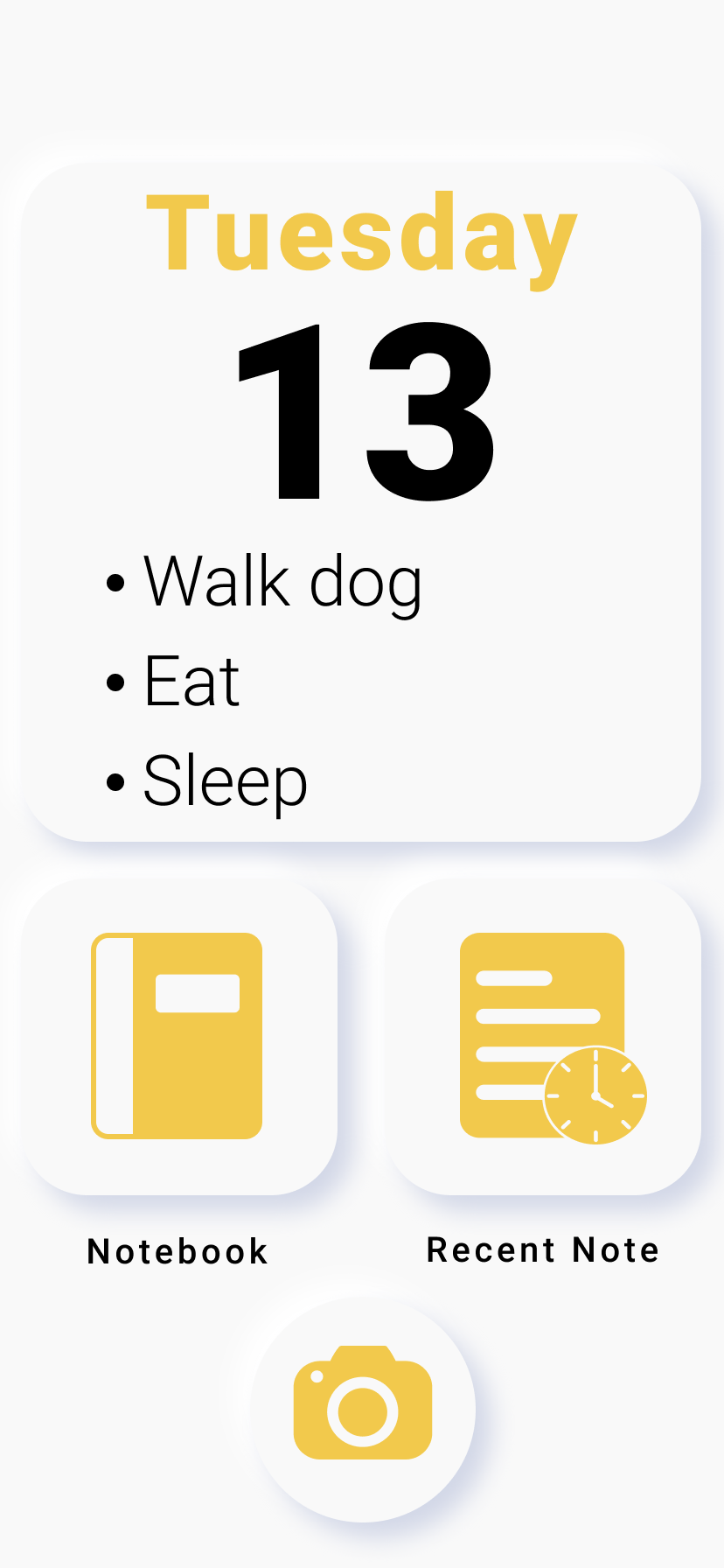 WordBubble home screen showing Tuesday 13th with task list, notebook and recent note tiles, and a camera button