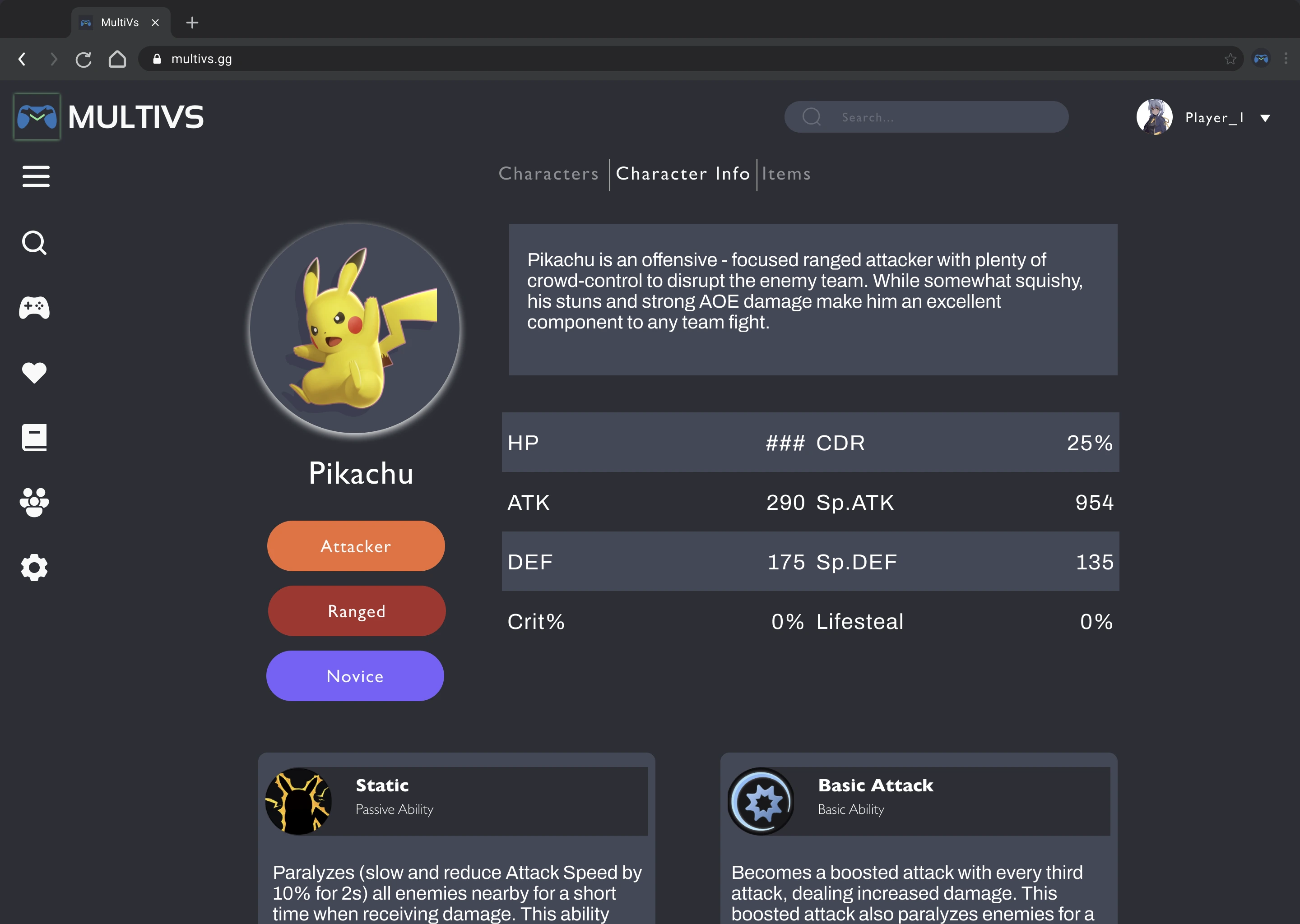 Character Page Example using Pikachu from Pokemon Unite. Includes base stat values, skill information, and roles.