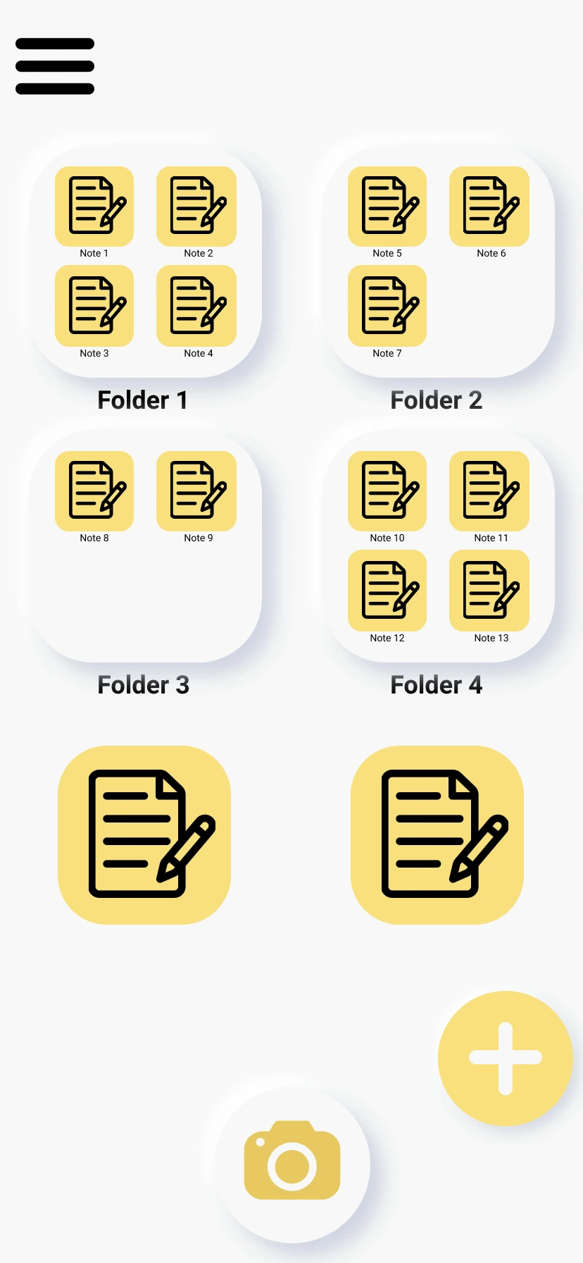 Folder viewer showing four note folders containing yellow document tiles