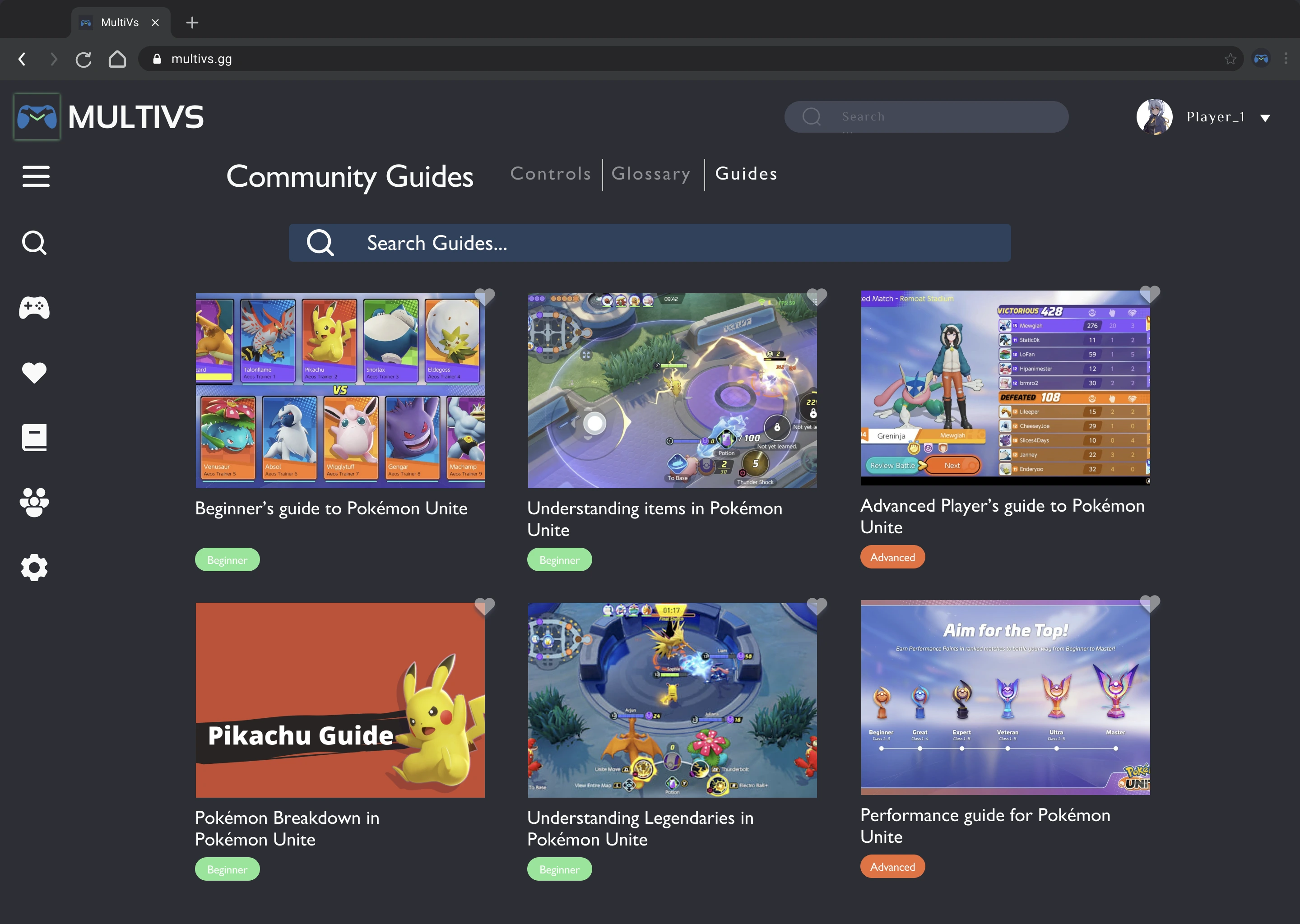 A grid of six Pokemon Unite guide cards tagged Beginner or Advanced, with search bar and Controls/Glossary/Guides tabs.
