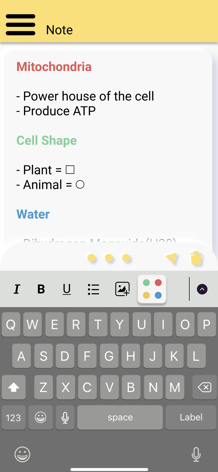 Note editor with color-coded section headings for Mitochondria, Cell Shape, and Water, plus a formatting toolbar and keyboard