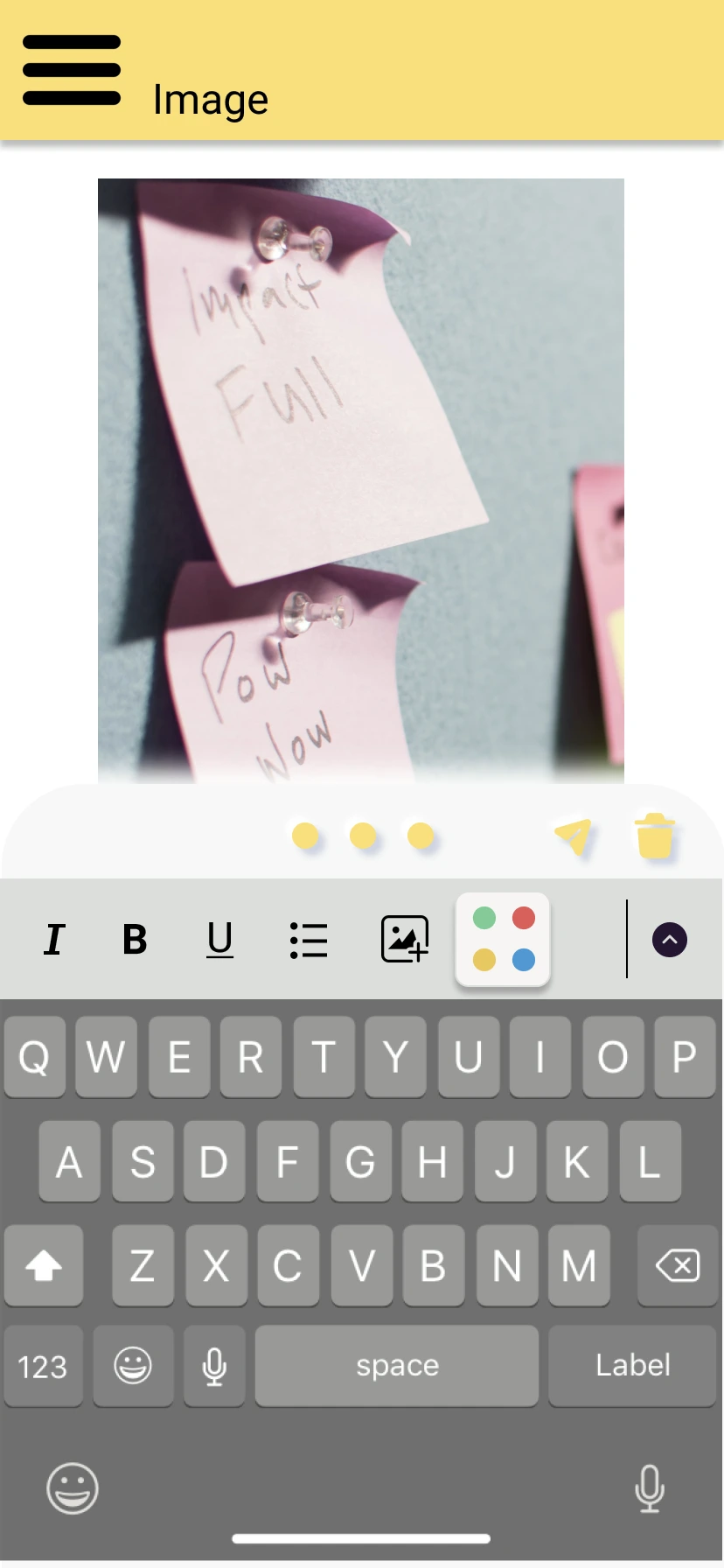 Note screen with attached photograph of handwritten sticky notes on a corkboard