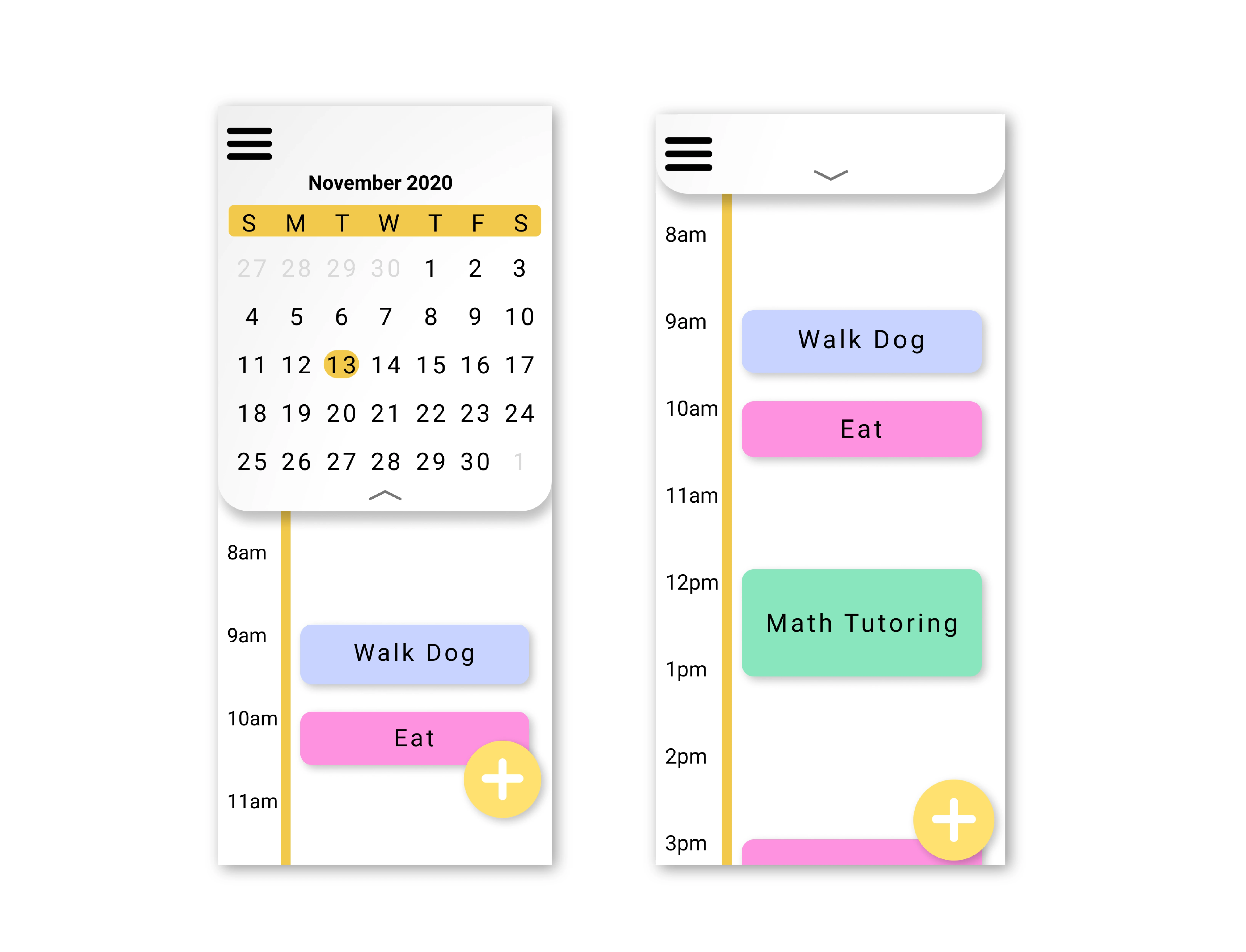 Planner screens showing a collapsible monthly calendar and a day-view timeline with colored event blocks like Walk Dog, Eat, and Math Tutoring