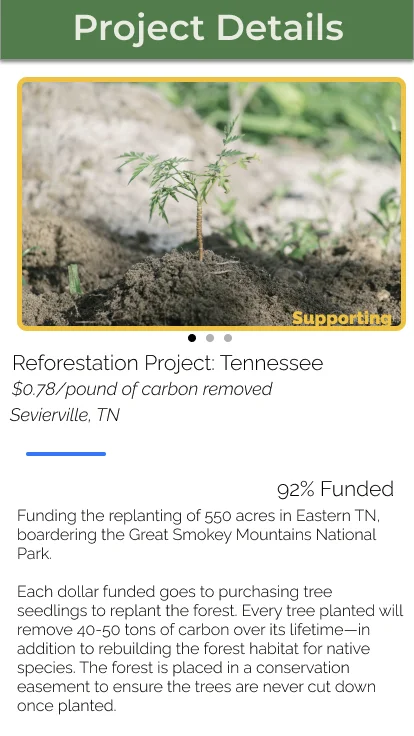Original Reforestation: Tennessee project details screen - dense paragraphs of description with a small thumbnail and minimal visual hierarchy.