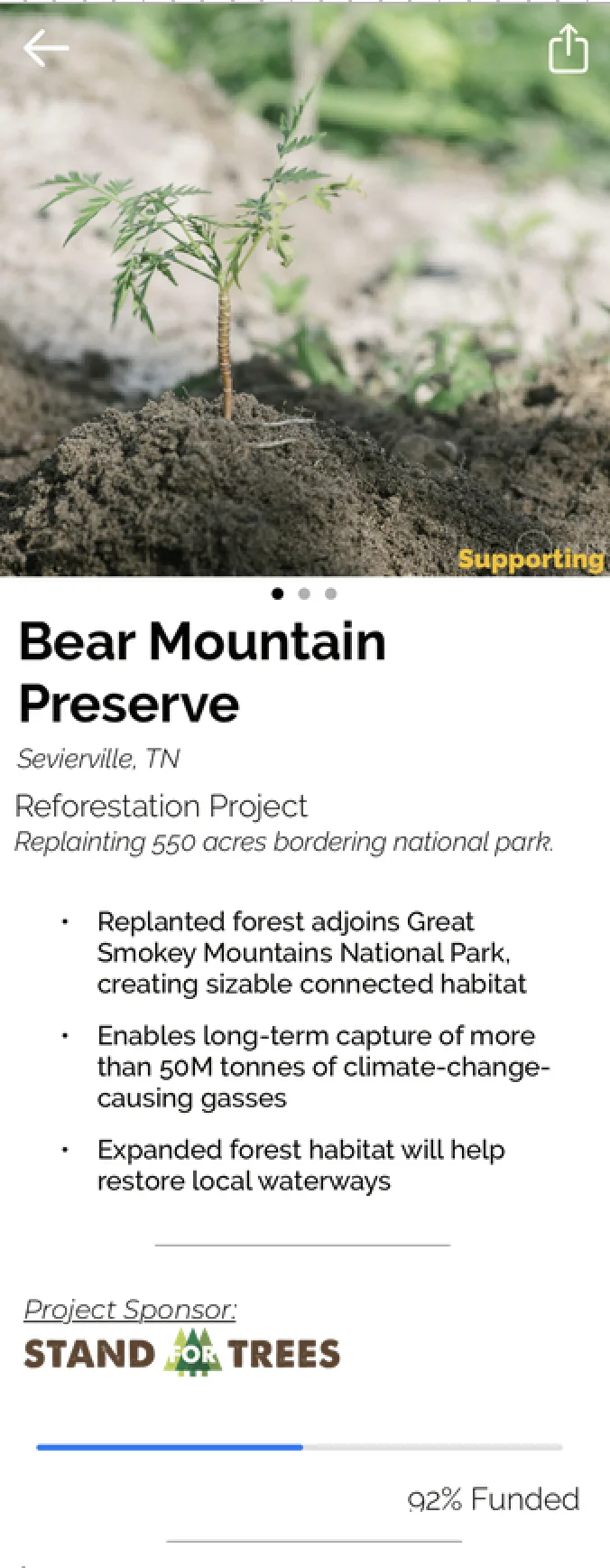 Engineering handoff mockup for the Bear Mountain Preserve details page - hero photo carousel, bulleted impact facts, project sponsor logo, and a funding progress bar. Designed preserved from the original for easy implementation while making better use of screen space.