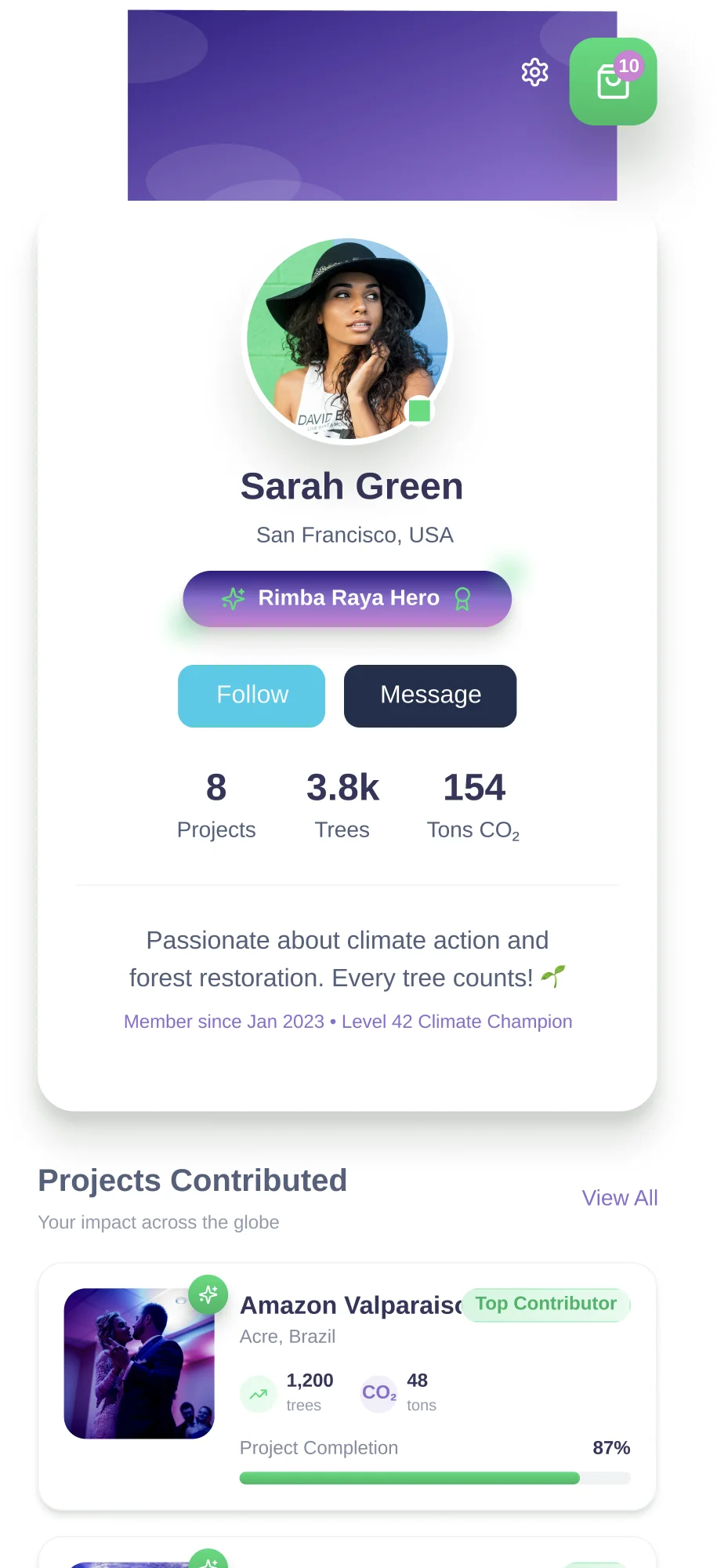 Speculative customizable profile for Sarah Green — banner photo, swappable Environmentalist title, lifetime stats, bio, and a vertical list of contributed projects.