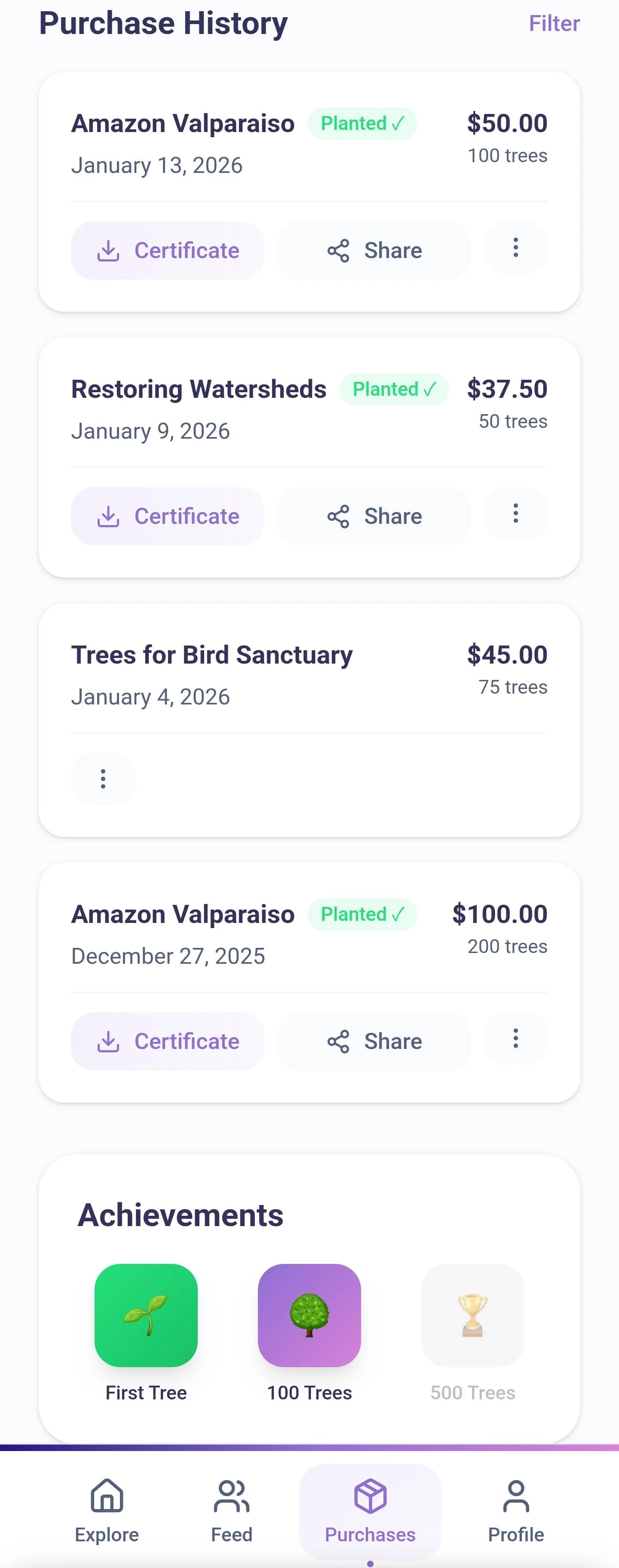 Speculative Purchase History screen — planted-project cards with certificate and share actions, plus an Achievements row of unlockable badges (First Tree, 100 Trees, 500 Trees).