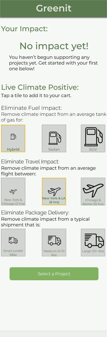 Original 'Live Climate Positive' screen at launch - 'No impact yet!' above grids of tiles to eliminate fuel, travel, and package-delivery impact, each a separate priced control.