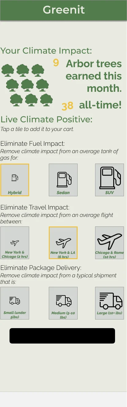 Populated impact screen — 'Your Climate Impact: 9 Arbor trees earned this month, 38 all-time' with a grid of tree icons above the same wall of offset tiles.