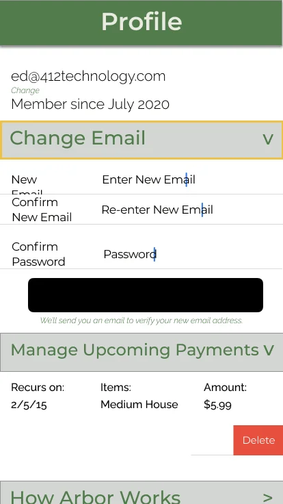 Original Arbor profile screen with Change Email, Change Password, Cancel Subscription, and a Manage Upcoming Payments list showing four monthly conservation payments.