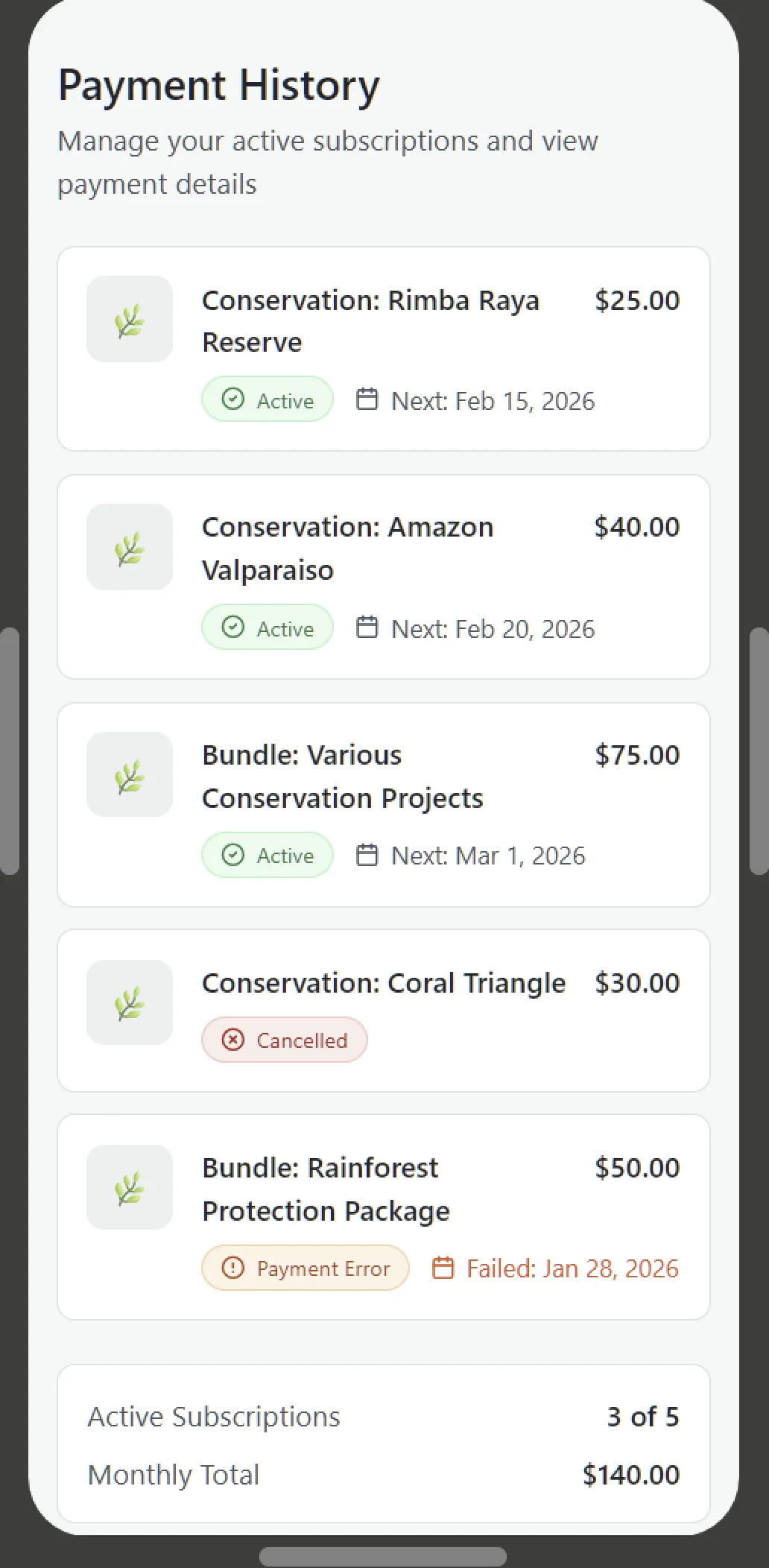 Refined Payment History screen with five subscription cards (Rimba Raya Reserve, Amazon Valparaiso, Various Conservation Projects, Coral Triangle, Rainforest Protection Package), project thumbnails, dollar amounts, and Active / Cancelled / Payment Error status pills; summary row at the bottom showing 3 of 5 active subscriptions and a $140 monthly total.