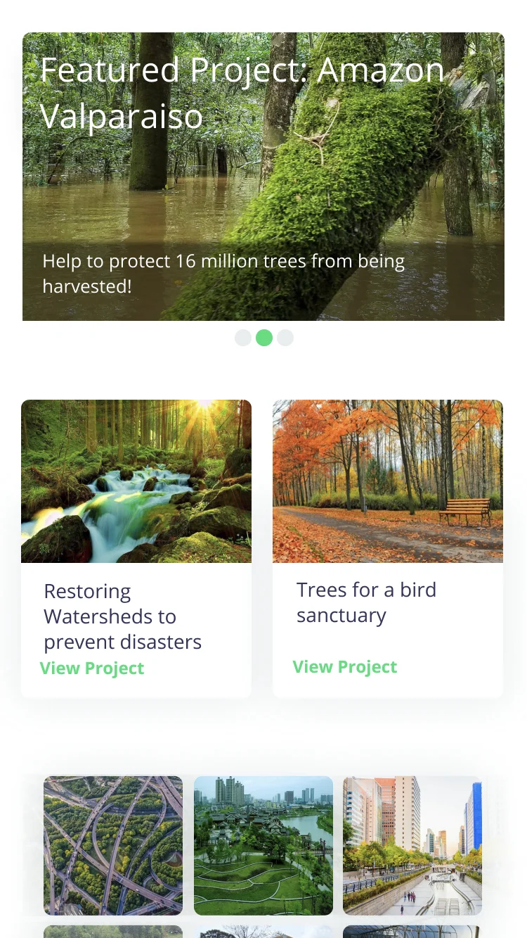 Refined Discover screen with a featured Amazon Valparaiso hero card, a Restoring Watersheds card, a six-up grid of additional projects, and explicit 