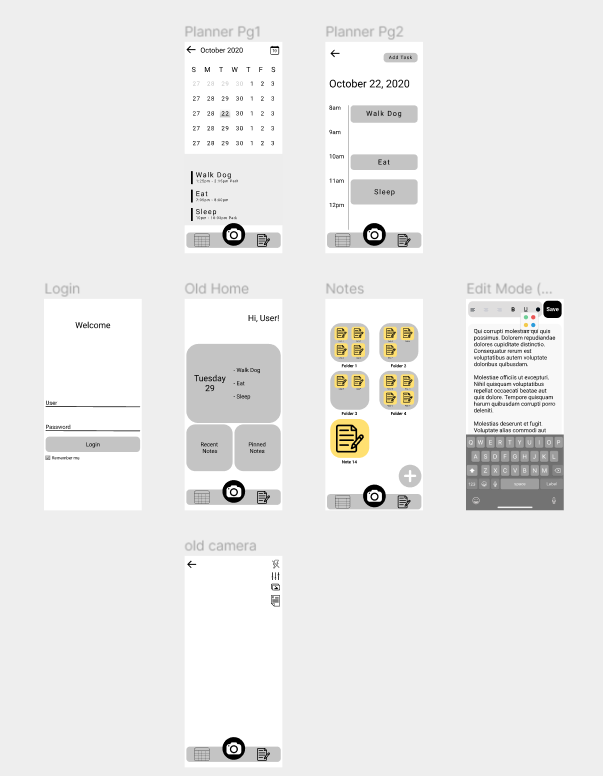 Early mid-fidelity WordBubbl prototype screens: two planner pages, login, an early home dashboard, a notes folder view, a note edit mode, and an early camera screen