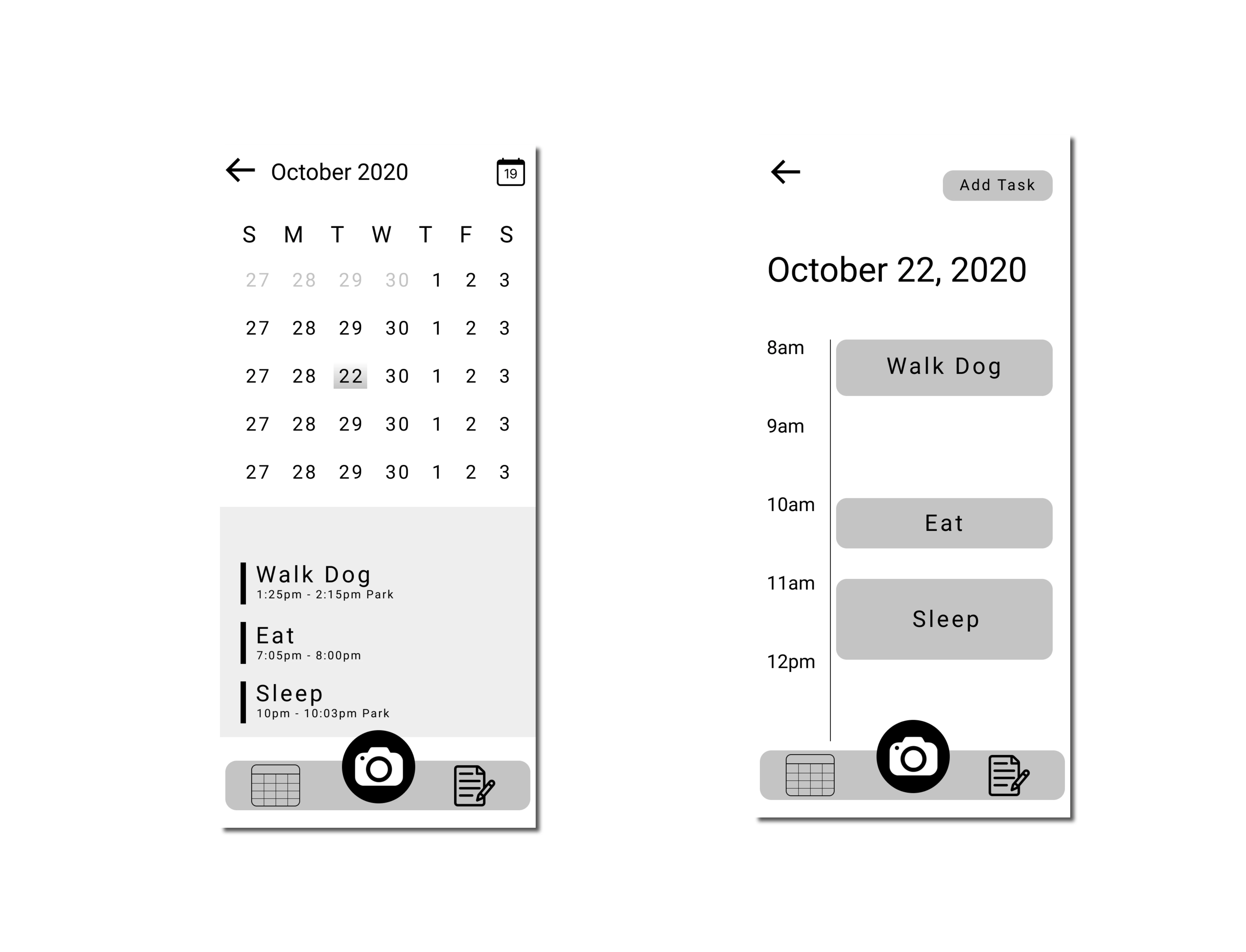 Initial Planner 1 and Planner 2 wireframes with back arrow and add-task buttons